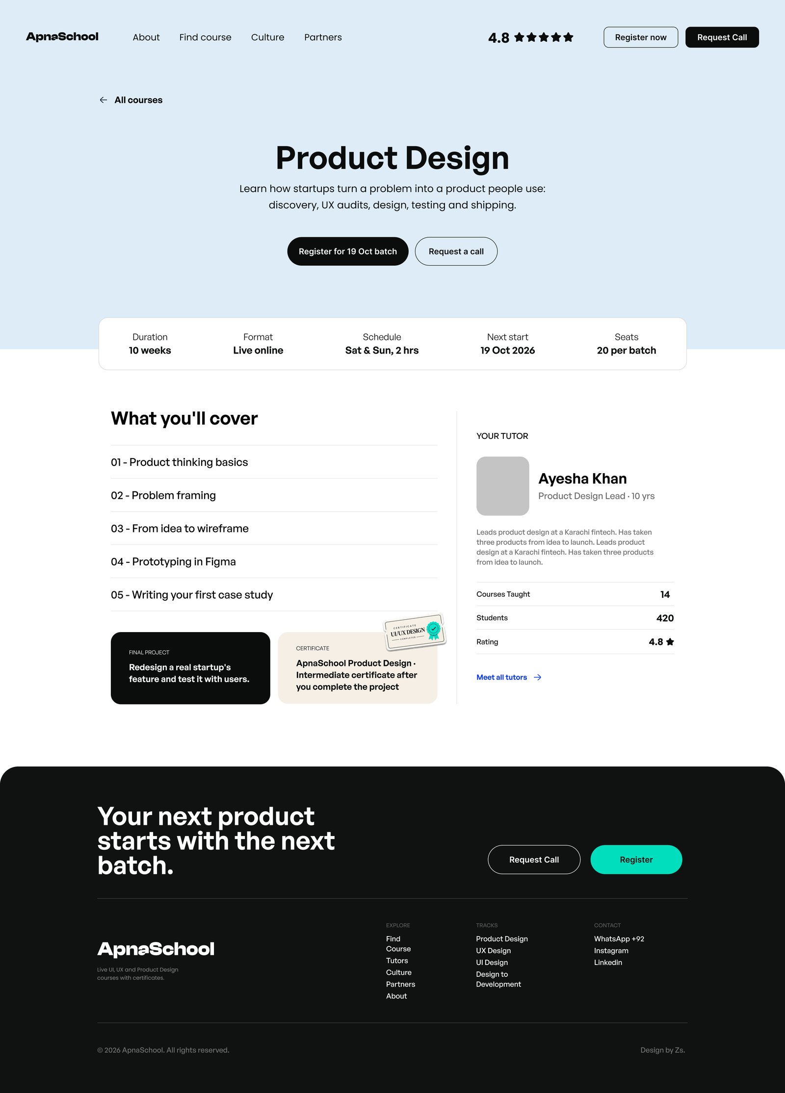 Course detail page: Product Design, five course facts, modules and tutor