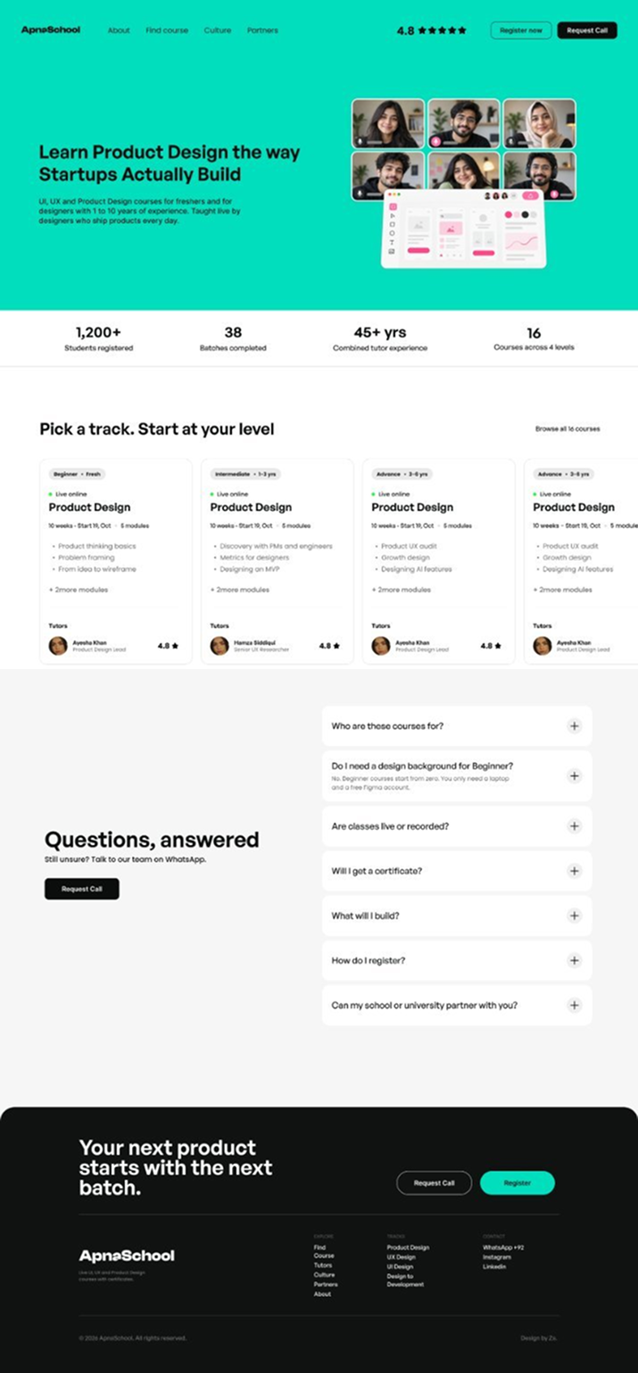 Home page: teal hero, numbers, tracks by level and student stories